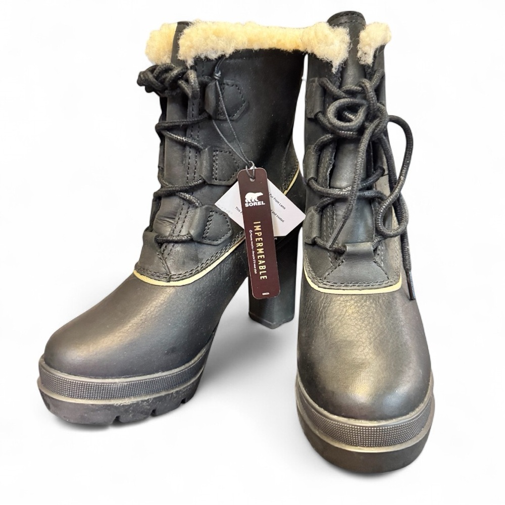 NIB Sorel Women's Black Leather & Shearling heeled boots - 6